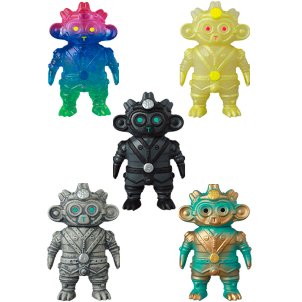 Medicom’s VAG 34 - Tomodachi Second Machine features five colorful, metallic monkey figures in suits and belts with circular emblems, echoing the allure of a revived ancient Machine.