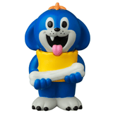 VAG 43 — Uluru by Medicom (JP) is a blue cartoon dog figurine with a yellow shirt, orange cap, and large white bone—smiling with its tongue out. Ideal for collectors of Japanese vinyl toys and gachapon figures.