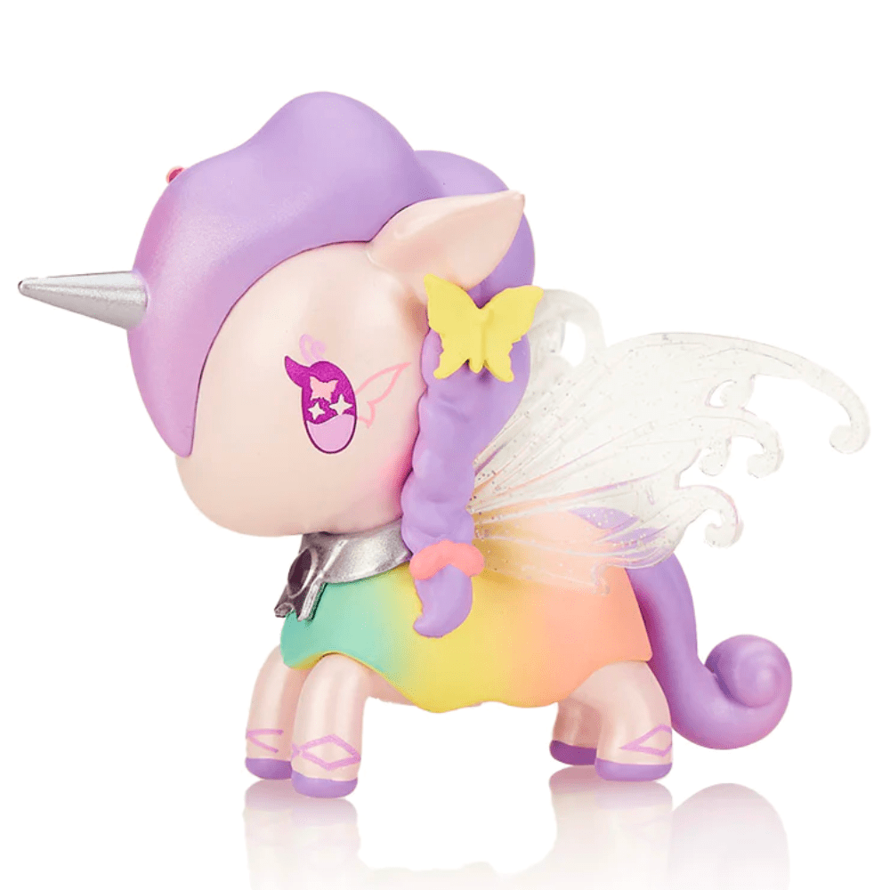 A colorful Tokidoki Butterfly Fairy Limited Edition Figure with purple hair, a star on its cheek, and translucent butterfly wings, posed against a white background.