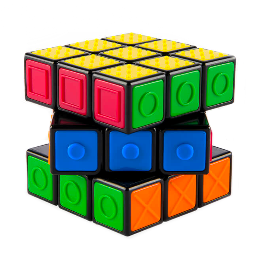 The Spinmaster Rubik's CNIB SmartLife Sensory Cube is a tactile puzzle designed for visually impaired users, featuring raised shapes—circles, crosses, dots, and textured patterns—on its colored tiles.