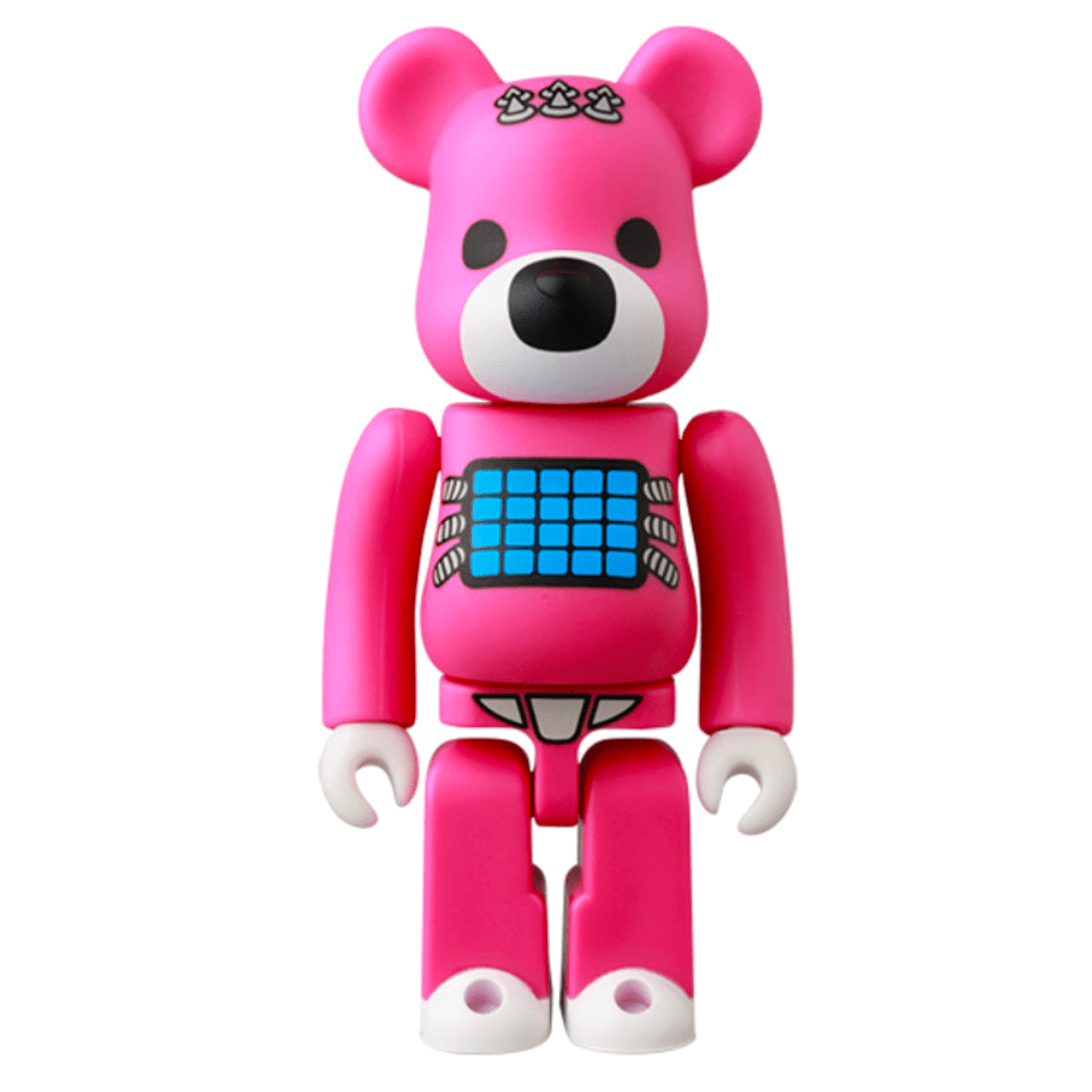 Pink Bearbrick Series 47 Blind Box figurine with a screen on the chest and robot-like design details by Medicom (JP).