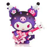 A stylized vinyl figure from the Hello Kitty X Tokidoki - Series 3 Blind Box, depicting a purple character with bat wings, playing a pink guitar by tokidoki.