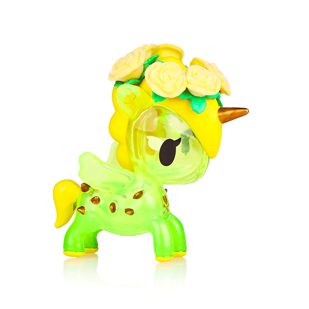 A colorful translucent plastic Tokidoki Flower Power Unicornos Series 2 - Blind Box figurine with floral decorations from the tokidoki collection.