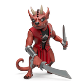 Animated character resembling a red demon with horns, wearing a black and red tunic, holding a sword in a battle stance, designed for the Dungeons & Dragons - Monster Series 2 Blind Box by Kidrobot (US), isolated on a white background.