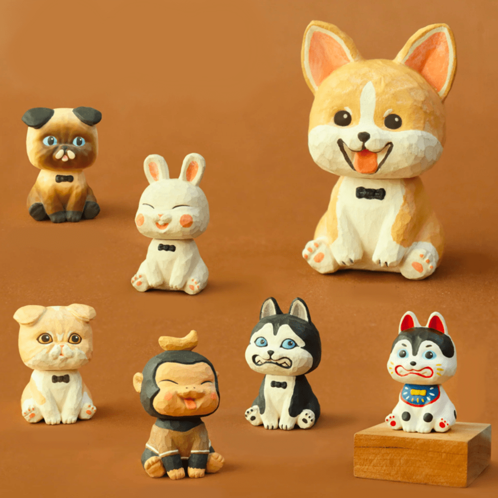 Collection of eight Partner Toys (TW) Sitting Animals - Blind Box, including dogs, a rabbit, and a cat, displayed against a soft brown backdrop as cheering desk accessories.