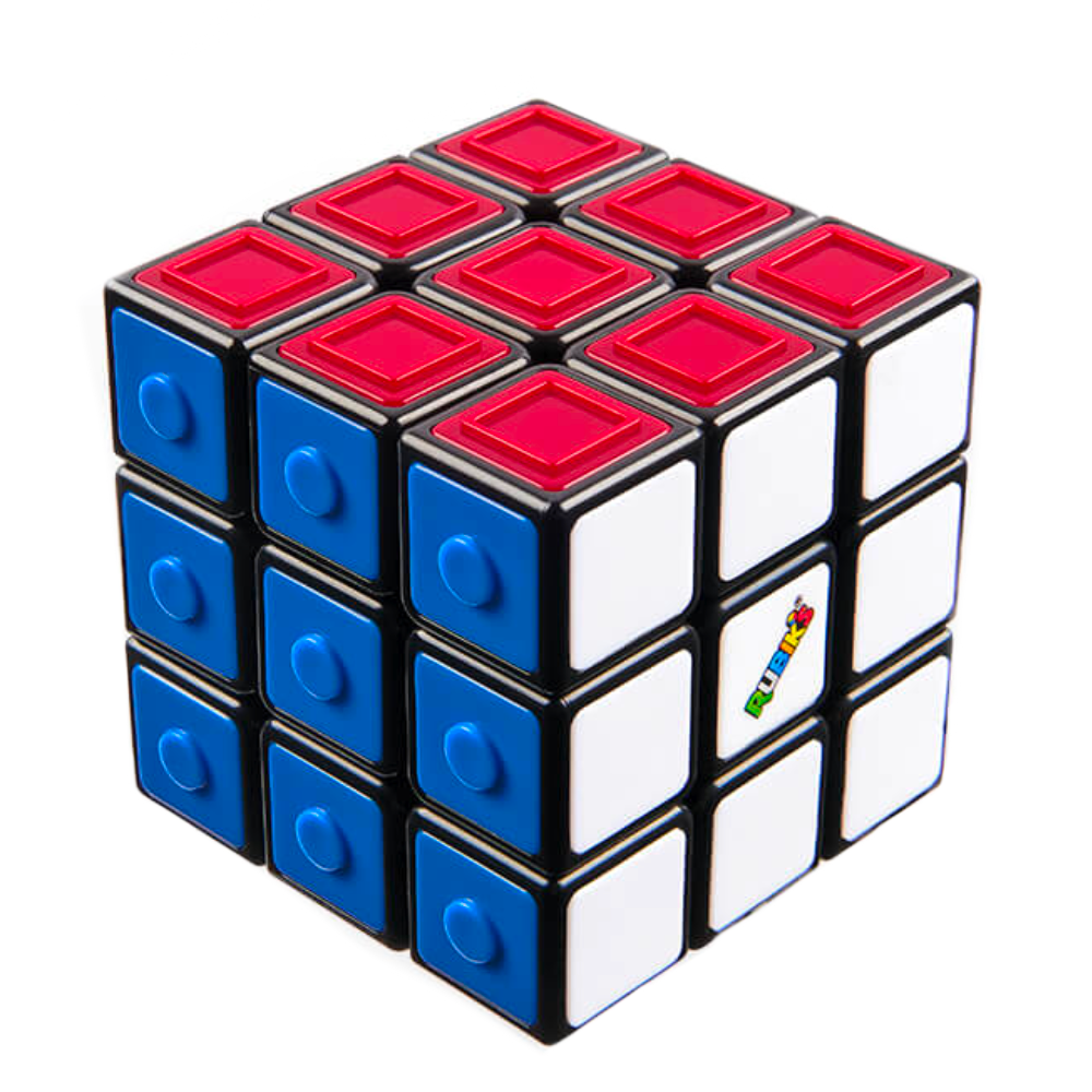 The Rubik's CNIB SmartLife Sensory Cube by Spinmaster is a tactile 3x3 puzzle with textured red, blue, and white faces and button-like centers—ideal for visually impaired users. The white center displays the Rubik’s logo.