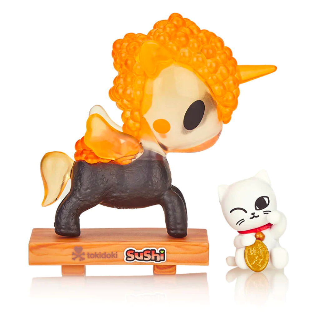 A Tokidoki Sushi Unicorno Blind Box figure of a unicorn and cat standing next to each other.