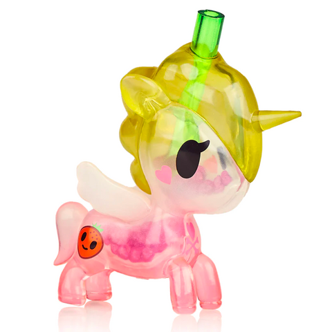 Replace the product in the sentence below with the given product name and brand name.
Sentence: Transparent Tokidoki Strawberry Matcha Unicorno figurine with yellow mane, a green horn, and decorative elements including a heart and ladybug.