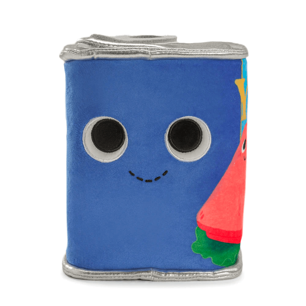 The Kidrobot (US) Pam the Ham Can — Yummy World Plush is an interactive blue can-shaped plush with black circular eyes, a stitched smile, and partial images of other objects on its side.
