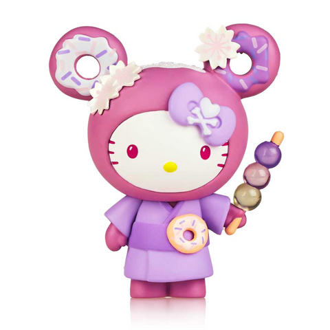 The Tokidoki x Hello Kitty Series 3 (Limited Edition) by tokidoki features Hello Kitty in a purple ube-inspired kimono with donut-shaped ears, holding dango and adorned with pastel tokidoki-style ornaments.