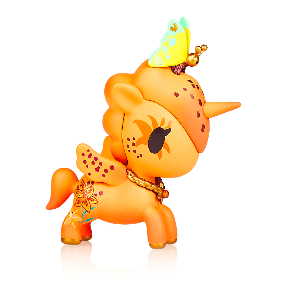 An orange, Tokidoki Flower Power Unicornos Series 2 - Blind Box figurine with a butterfly on its nose, isolated on a white background.