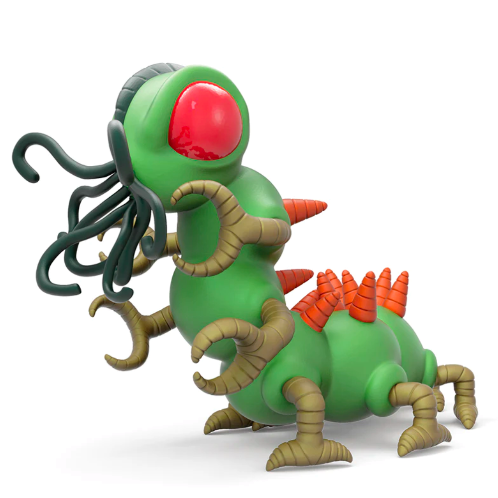 3d illustration of a fictional green insect-like creature with one red eye, multiple tentacles, and spiked appendages, inspired by Dungeons & Dragons - Monster Series 2 Blind Box by Kidrobot.