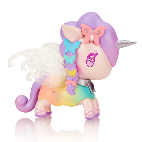 Special Edition colorful tokidoki Butterfly Fairy Limited Edition Figure with wings, a star-patterned body, and a spiral horn, standing against a white background.