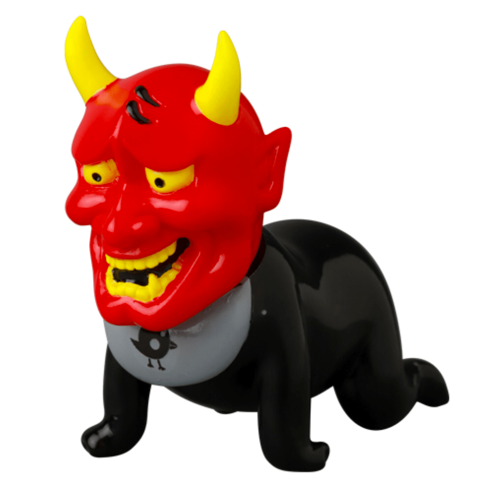 Celebrate the VAG 10th Anniversary with Sebastian by Medicom (JP)—a collectible Japanese vinyl toy figure featuring a crawling animal with a red devil mask, yellow horns and teeth, plus a black body—ideal for gachapon and Vinyl Artist Gacha fans.