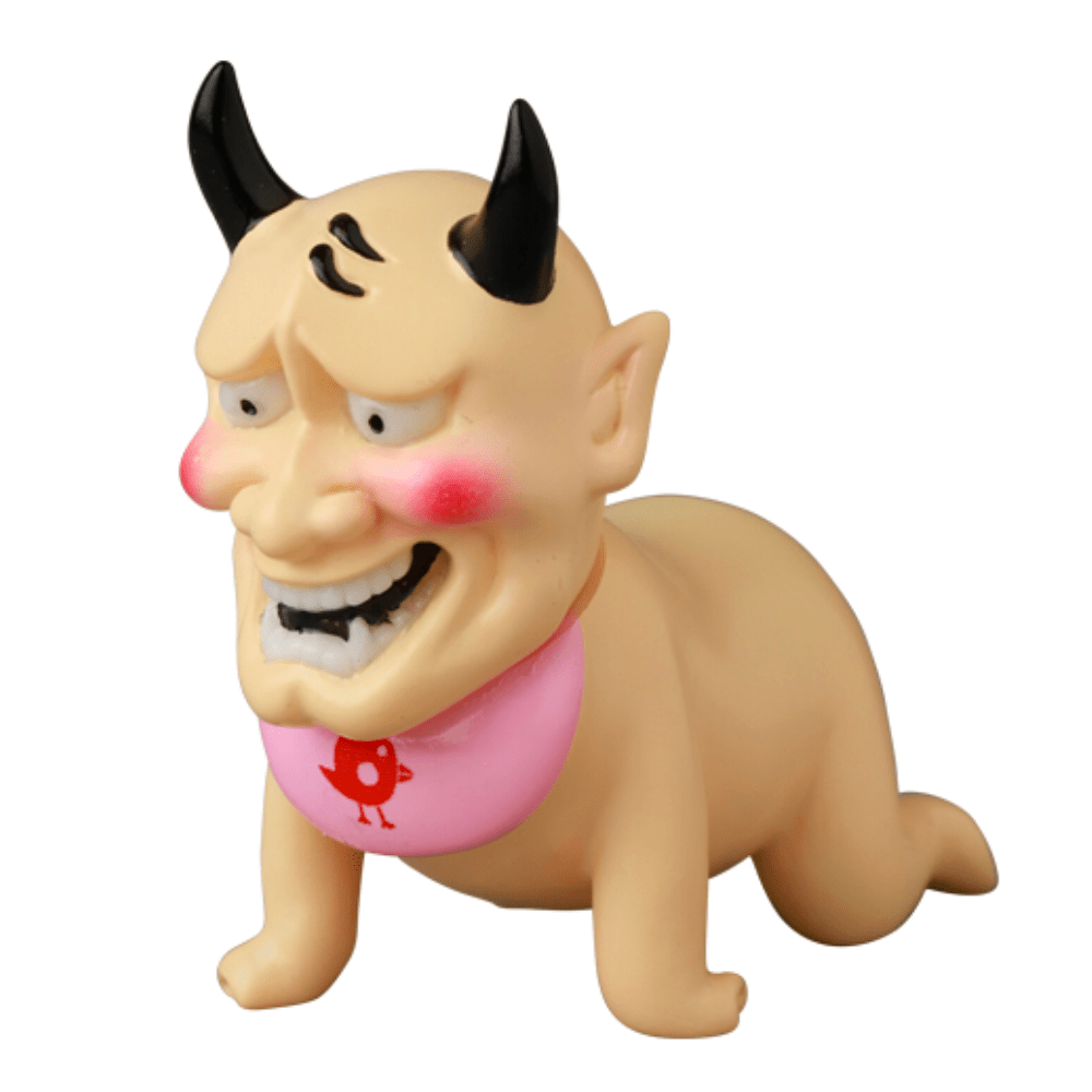 Medicom (JP) VAG 10th Anniversary — Sebastian is a collectible Japanese vinyl figurine on all fours, featuring a humanoid face, black horns, and a pink bib with a red bird—ideal for gachapon figure enthusiasts.