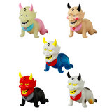 Five vibrant Sebastian dog figurines from Medicom's VAG 10th Anniversary series are grouped on a white background, showcasing horned designs and playful expressions inspired by Japanese vinyl gachapon toys.