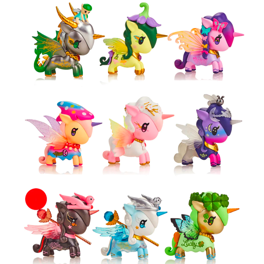 A grid display of twelve colorful, whimsical tokidoki Fairy Unicorno Blind Box figurines, each uniquely designed with various accessories like hats, wings, and weapons from the Blind Box Series.