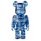 A transparent, Medicom (JP) Bearbrick Series 47 Blind Box figurine with an intricate blue pattern inside.