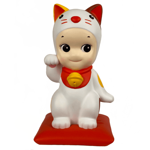 A small Dreams Sonny Angel — Lucky Cat Collectors Trophy figurine of a cat sitting on a white base, perfect for any collection.