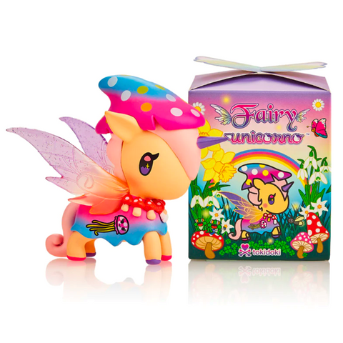 A colorful tokidoki Fairy Unicorno Blind Box with wings and a matching Blind Box Series packaging labeled "Fairy Unicorno" set against a white background.