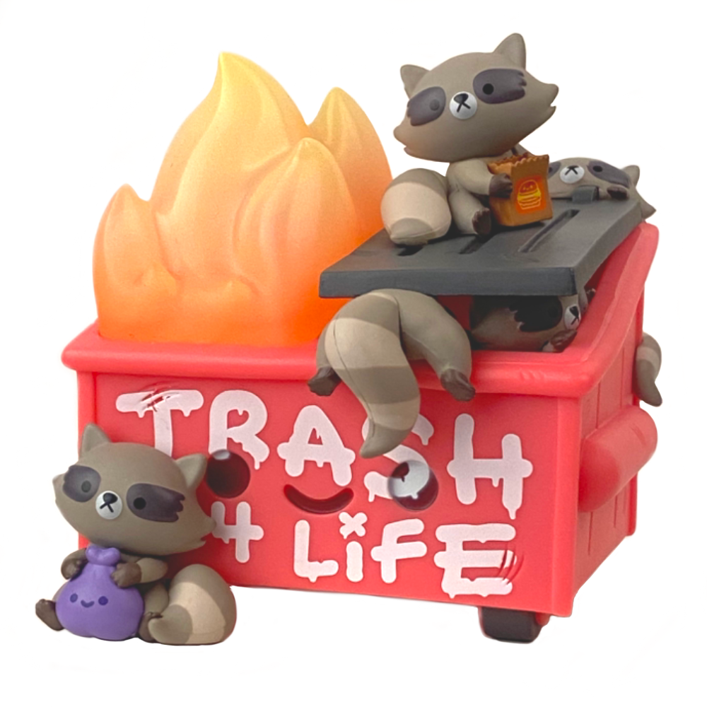 Toy pandas lounging on and around a Dumpster Fire - Trash Panda Vinyl Figure with a flame accessory by 100% Soft.