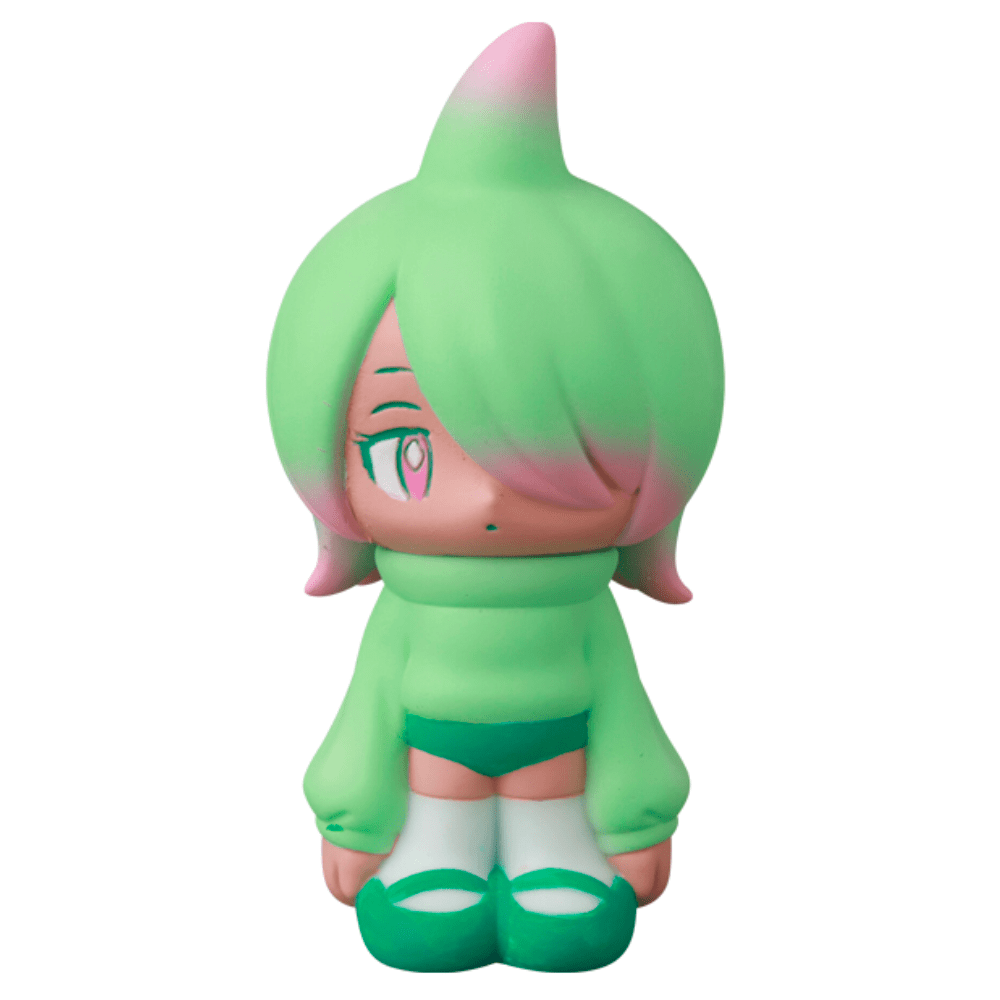 The VAG 43 — Kae Chan V3 by Medicom (JP) is a small Japanese vinyl toy with mint green hair, pink accents, a green sweater, shorts, and shoes—ideal for Vinyl Artist Gacha collectors.
