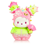 A colorful Hello Kitty figurine from the tokidoki x Hello Kitty - Series 3 Blind Box, decorated with Spring flowers and a dinosaur costume.