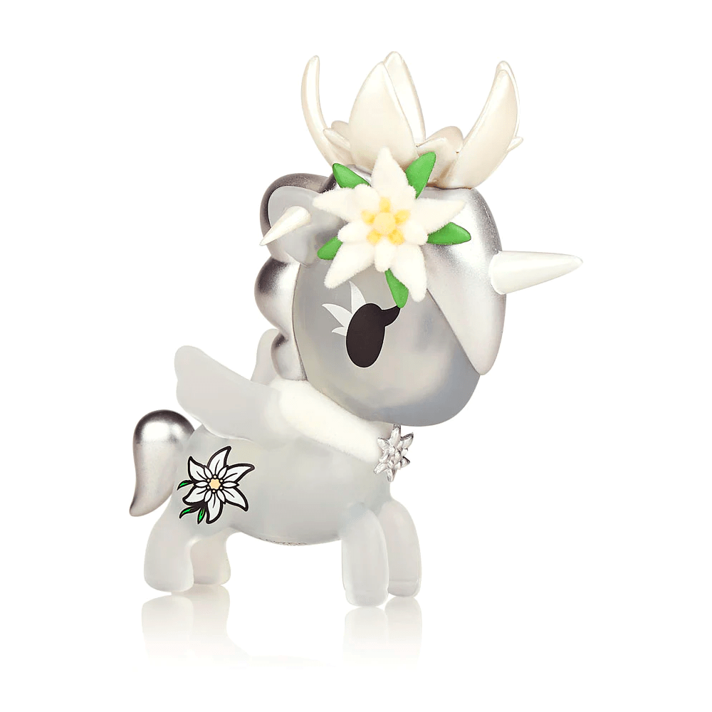 A decorative figurine from the Tokidoki Flower Power Unicornos Series 2 - Blind Box collection, featuring a unicorn with Flower Power Unicorno designs and plant motifs.