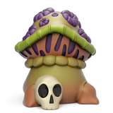 3D illustration of a colorful, cartoonish Kidrobot (US) Dungeons & Dragons - Monster Series 2 Blind Box monster sitting with a skull in front, featuring purple tentacles on its head and a beige body.