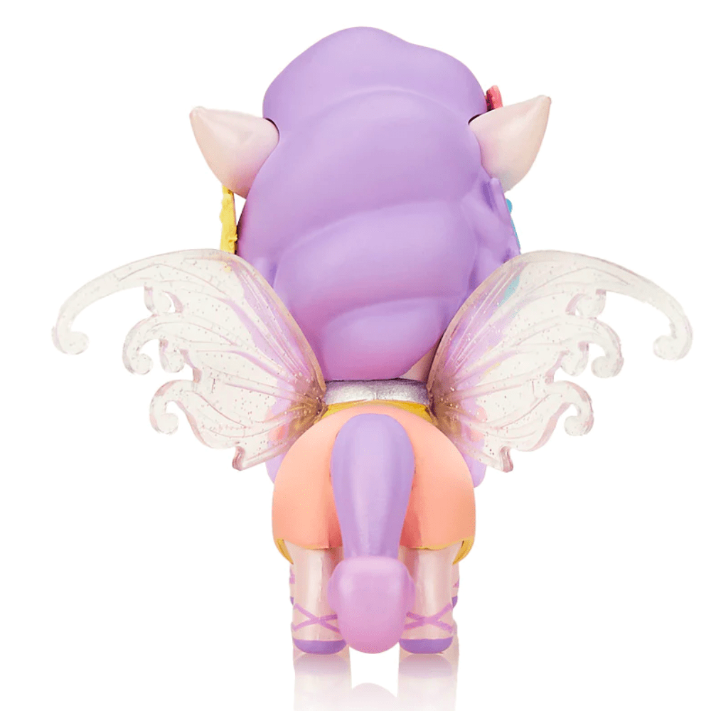 Rear view of a purple Tokidoki Butterfly Fairy Limited Edition Figure with translucent wings and pink horns, isolated on a white background.