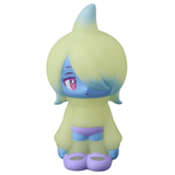 VAG 43 — Kae Chan V3 by Medicom (JP) is a pastel Japanese vinyl toy with blue skin, a large greenish-yellow hair tuft, purple eyes, in an oversized sweater and sandals—standing upright like a true collectible.