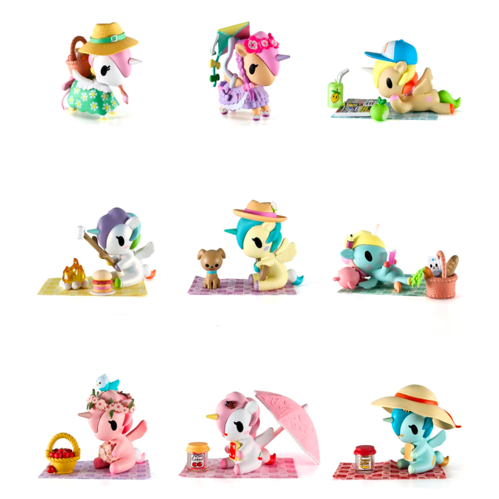 Nine small Picnic Party Unicorno figures from the tokidoki (IT) Tokidoki Picnic Party Unicorno Blind Box are arranged in a grid, each with picnic-themed accessories like blankets, baskets, food, and hats—a fun collectible for fans.