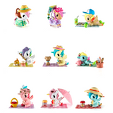 Nine small Picnic Party Unicorno figures from the tokidoki (IT) Tokidoki Picnic Party Unicorno Blind Box are arranged in a grid, each with picnic-themed accessories like blankets, baskets, food, and hats—a fun collectible for fans.