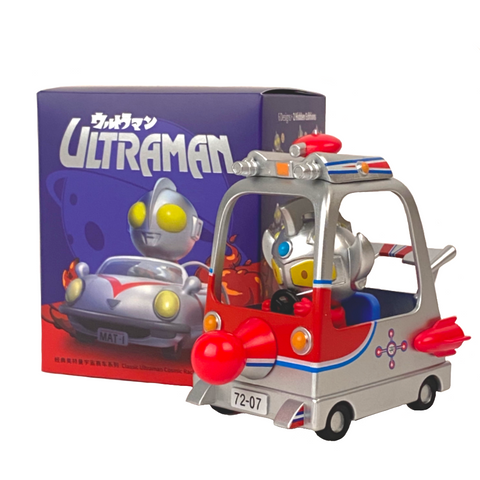 A Classic Ultraman - Cosmic Racing blind box in front of a toy car by Funism (CN).