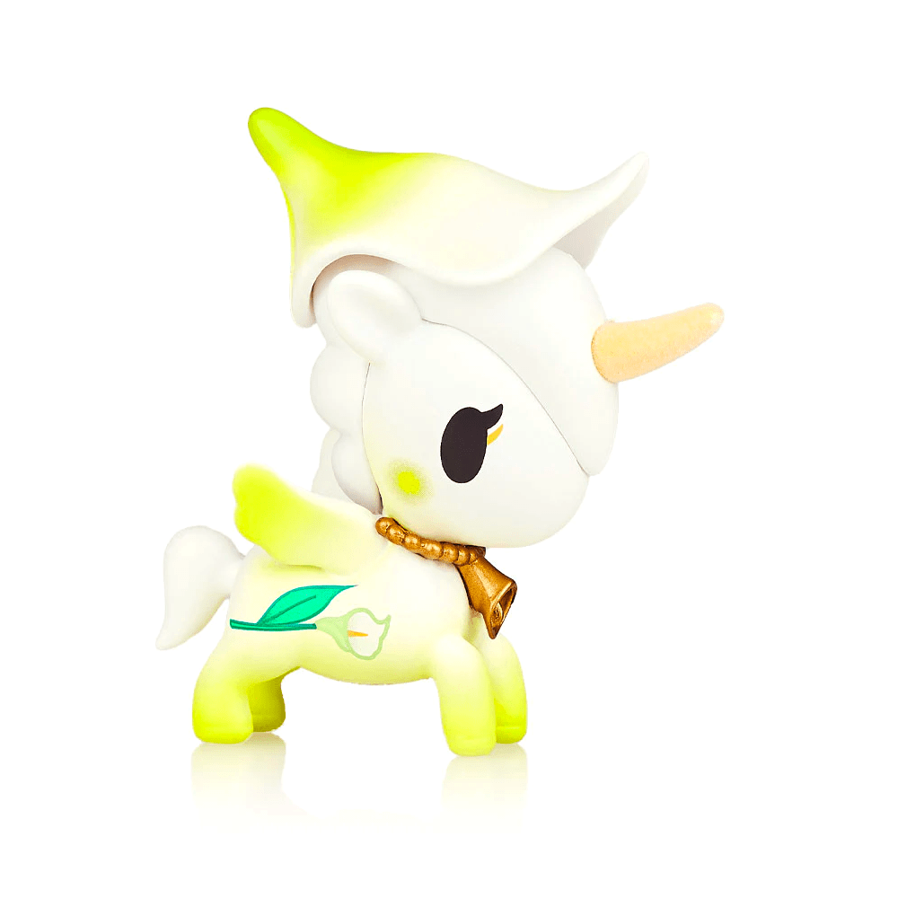 A collectible figure from the Tokidoki Flower Power Unicornos Series 2 - Blind Box, featuring a stylized unicorn with a green leaf motif and yellow accents.
