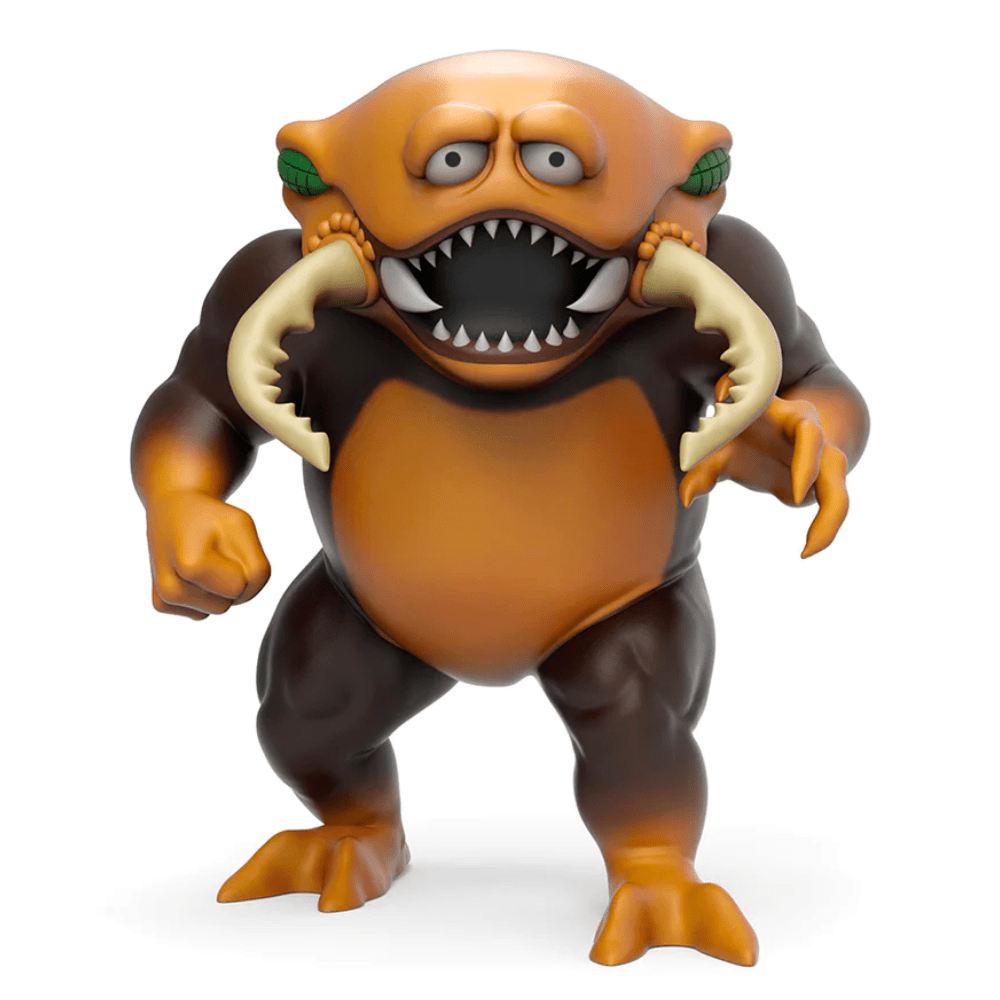 A Kidrobot (US) Dungeons & Dragons - Monster Series 2 Blind Box figure, inspired by Dungeons and Dragons, with large green eyes, oversized tusks, and a brown belly, standing against a white background.