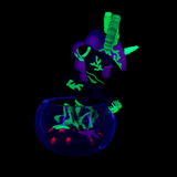 The Tokidoki Neon Reef Mermicorno - Deep Star Coral Special Edition features a glow-in-the-dark unicorn with neon green and purple designs in a transparent bowl, glowing under blacklight.