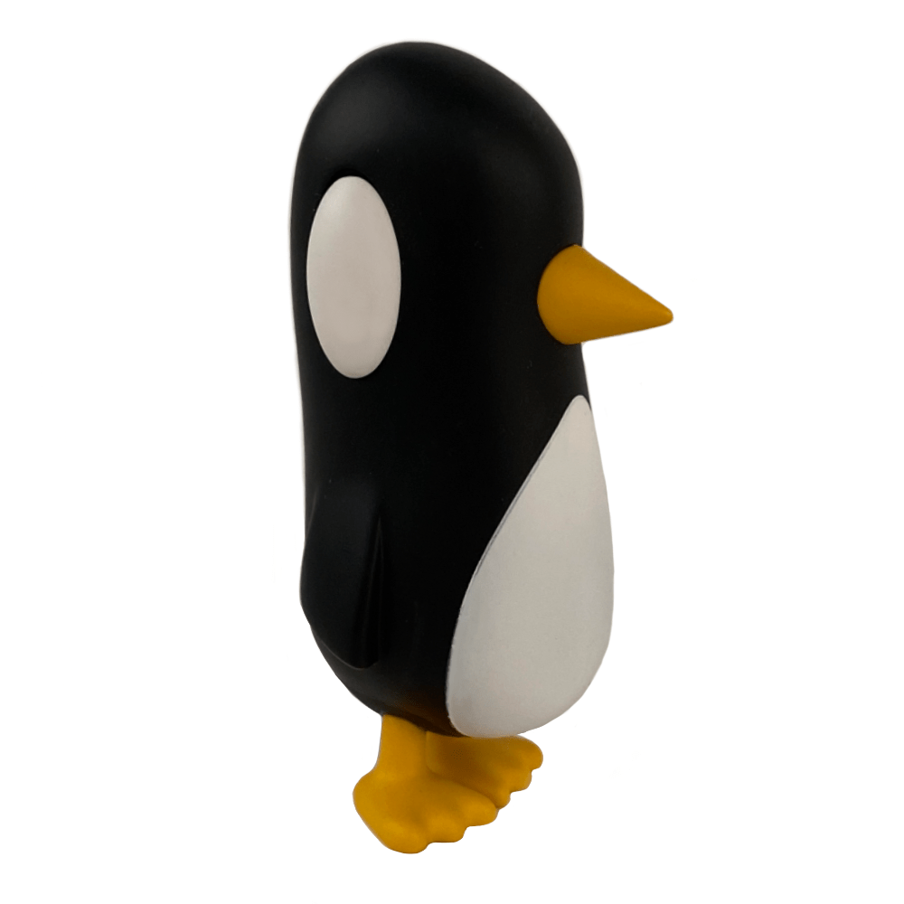 The Old Friend — Original by Strange Cat is a plastic penguin figurine with a black body, white belly, yellow beak, and yellow feet, displayed on a white background.
