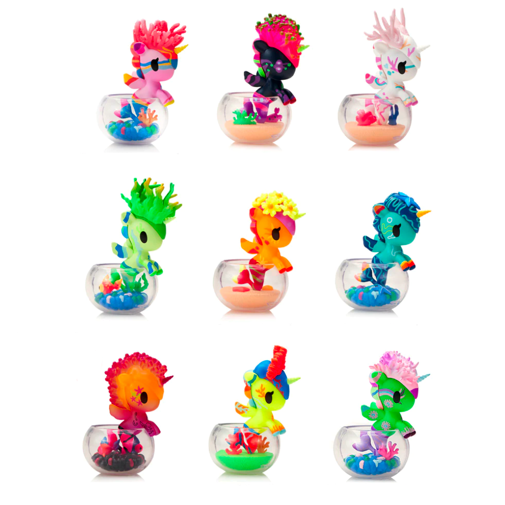 Nine vibrant Tokidoki Neon Reef Mermicorno Blind Box figures by tokidoki (IT) with aquatic designs, displayed in a 3x3 grid. Some glow under blacklight—ideal for collectors and any blind box collection.