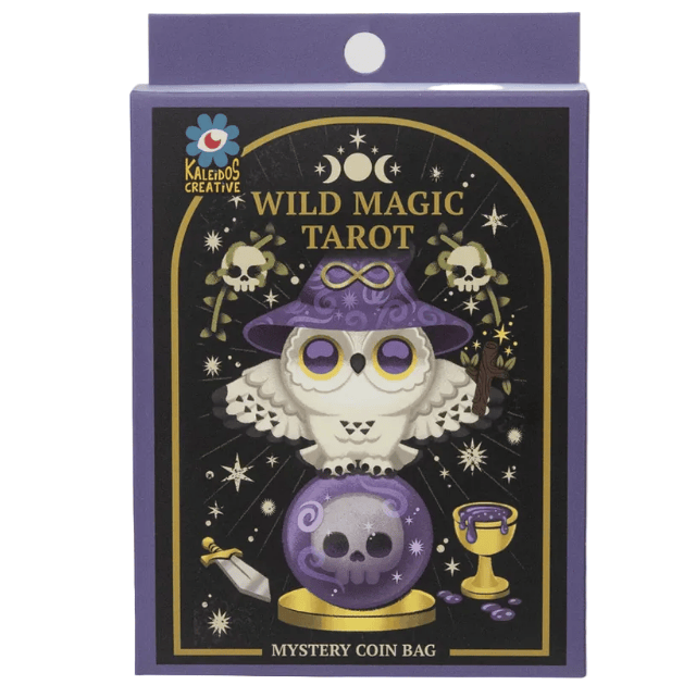 The Wild Magic Tarot Mystery Coin Bag - Blind Box by Kaleidos Creative features an illustrated owl in a purple wizard hat with magical items and