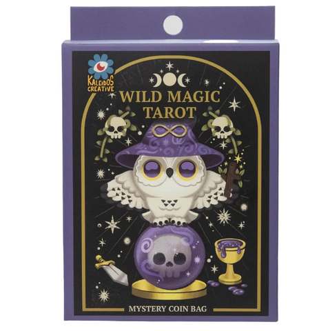 The Wild Magic Tarot Mystery Coin Bag - Blind Box by Kaleidos Creative features an illustrated owl in a purple wizard hat with magical items and "Mystery Coin Bag" text—a stylish tarot-themed coin purse for fortune seekers.
