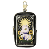 The Kaleidos Creative Wild Magic Tarot Mystery Coin Bag—Blind Box is a stylish black pouch with a cartoon white pony, sunflowers, and a large sun marked