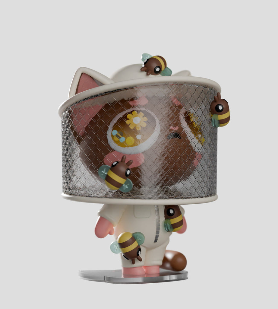Discover the Widdle Baby Blind Box by Kaleidos Creative—a cat figurine in a white beekeeper suit with mesh veil, adorned with tiny bees. Each box contains a surprise design—can you find the rare figure for your collection?.