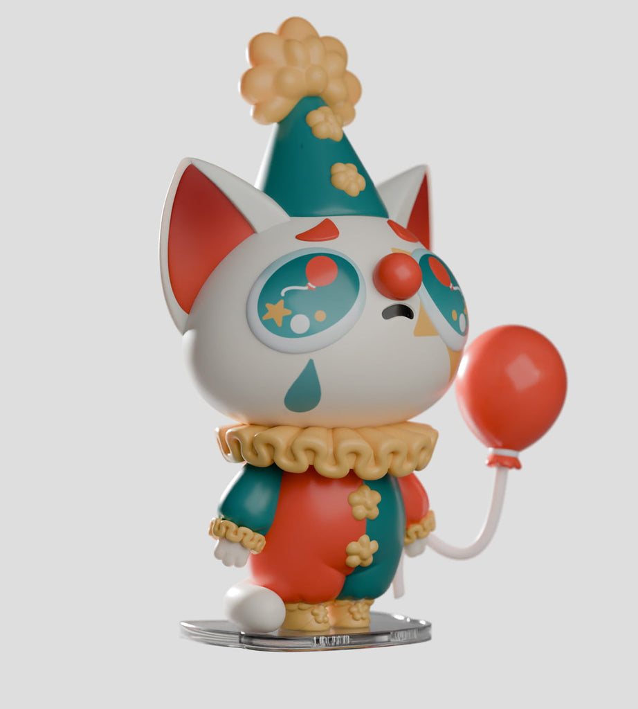 A rare Widdle Baby Blind Box figure by Kaleidos Creative—a stylized cat dressed as a clown with a pointed hat, ruffled collar, and red balloon—features a sad expression and comes in blind box packaging with random designs.