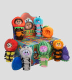 The Kaleidos Creative Wooly Bear and Friends Plush Keychain Blind Box features six vibrant animal and fruit plush toys, including a blue strawberry and orange, displayed on the box—ideal as playful keychains or collectible figures.