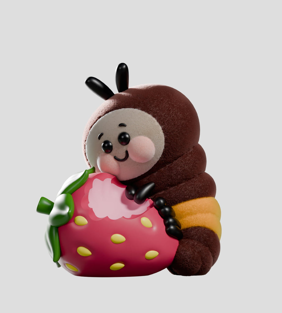 A cute cartoon Wooly Bear caterpillar from Kaleidos Creative's Wooly Bear and Friends Vinyl Blind Box hugs a big strawberry, with a brown body, yellow stripe, pink cheeks, and a smiling face on a plain light gray background.