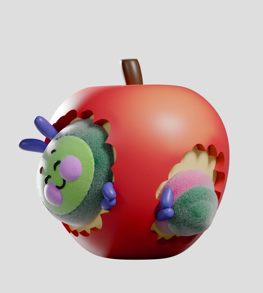 A cute cartoon Wooly Bear caterpillar with a green face and purple legs chews through a red apple—an adorable figure from the Kaleidos Creative Wooly Bear and Friends Vinyl Blind Box series.