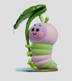 A cheerful, cartoon-style Wooly Bear caterpillar holds a leaf above its head, featured in the Kaleidos Creative Wooly Bear and Friends Vinyl Blind Box—an adorable collectible for any caterpillar fan.