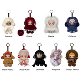 Eight You Found Me Skullpanda plush figure keychains by Pop Mart, each with a doll face and charming animal-inspired outfit, are displayed in two rows—an adorable addition to any collection. Every plush bag charm stands out with its unique name: Sandman, Chomp, Ghostie, Cerberus, Pranky Peanut, Moldy Muffin, Darkness, Ratty Bear, and Sneaky Chestnut—making these Pop Mart You Found Me Skullpanda plush blind box items the perfect choice for fans and collectors alike.