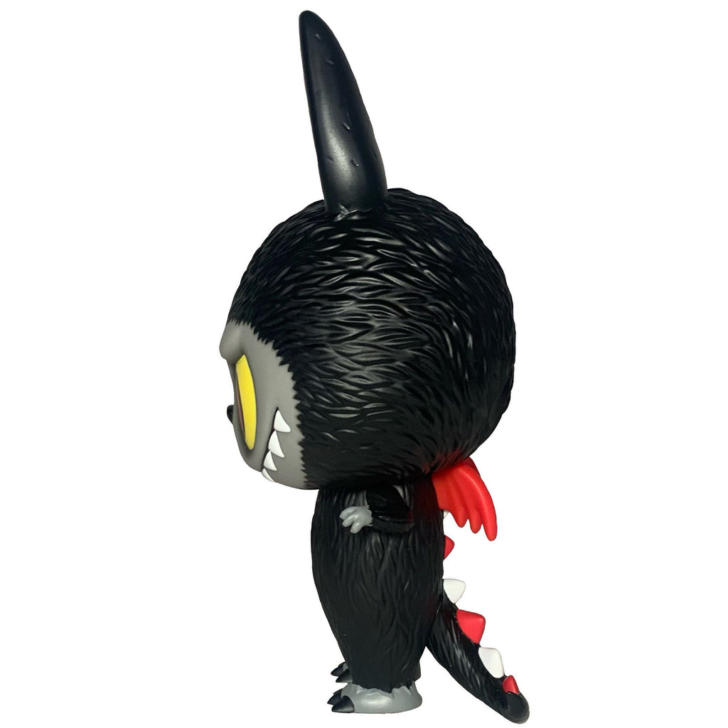 Side view of a black How2Work (HK) Zimomo- Devil vinyl figure with yellow eyes, sharp teeth, red wings, and a spiked tail—an ideal collectible for fans of devil plush designs.